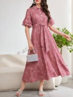 Rochie Lunga Armelle Roz Inchis Cu Model Floral Alb - imagine 4