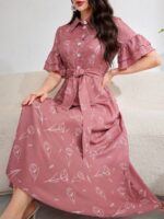 Rochie Lunga Armelle Roz Inchis Cu Model Floral Alb - imagine 5