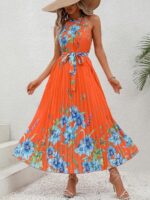 Rochie Lunga Naninna Portocalie cu Print Floral Albastru