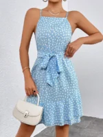 Rochie Scurta Louanna Bleu Cu Print Alb