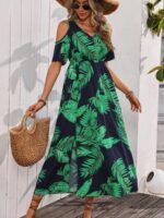 Rochie Lunga Serrana Bleumarin Cu Model Cu Frunze Verzi - imagine 3