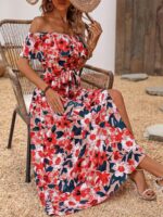 Rochie Lunga Tabatha Roz Pudra Cu Model Floral Multicolor - imagine 3