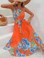 Rochie Lunga Naninna Portocalie cu Print Floral Albastru - imagine 3