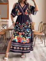 Rochie Lunga Dafny Neagra Cu Model Floral Multicolor - Marimi Mari