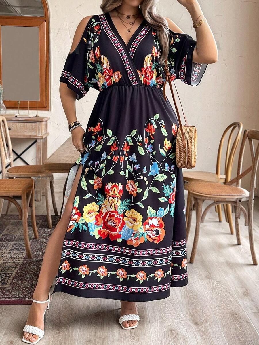 152kj Rochie Lunga Dafny Neagra Cu Model Floral Multicolor - Marimi Mari - imagine 1