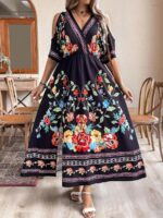 Rochie Lunga Dafny Neagra Cu Model Floral Multicolor - Marimi Mari - imagine 3