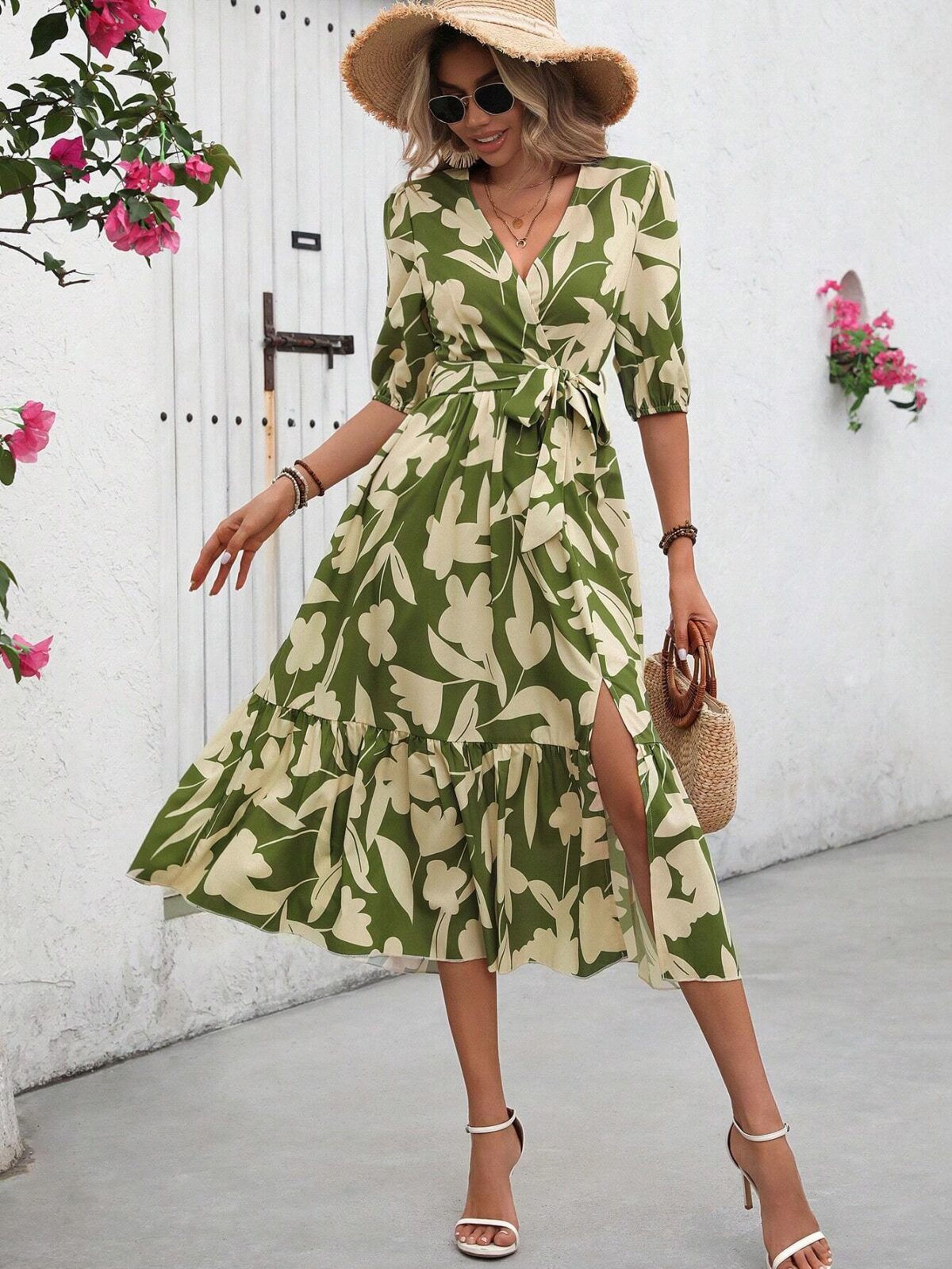 Rochie Midi Gerde Verde Cu Model Floral Crem - imagine 1