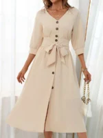 Rochie Midi Telise Crem Cu Nasturi - imagine 5