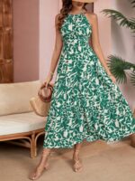 Rochie Lunga Karlita Alba Cu Model Floral Verde - imagine 3