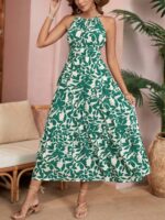 Rochie Lunga Karlita Alba Cu Model Floral Verde - imagine 5