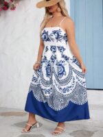 Rochie Lunga Anisha Alba Cu Model Floral Albastru - Marimi Mari