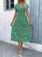Rochie Midi Gunita Verde Cu Model Floral Alb - imagine 5