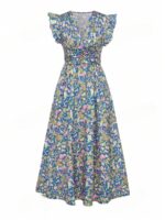 Rochie Lunga Fifi Albastra Cu Print Multicolor - imagine 3
