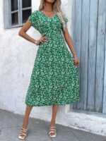 Rochie Midi Gunita Verde Cu Model Floral Alb