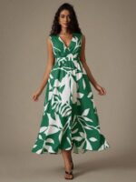 Rochie Lunga Carina Verde Cu Model Cu Frunze Albe - imagine 3