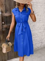 Rochie Midi Adna Albastra Cu Nasturi Si Cordon - imagine 4