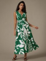 Rochie Lunga Carina Verde Cu Model Cu Frunze Albe