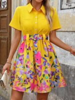 Rochie Scurta Amna Galbena Cu Model Floral Multicolor