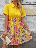 Rochie Scurta Amna Galbena Cu Model Floral Multicolor - imagine 3
