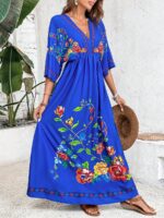 Rochie Lunga Shadia Albastra Cu Model Floral Multicolor