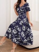 Rochie Lunga Aguir Bleumarin Cu Model Floral Alb - imagine 3