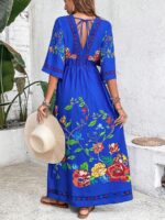 Rochie Lunga Shadia Albastra Cu Model Floral Multicolor - imagine 2