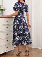 Rochie Lunga Aguir Bleumarin Cu Model Floral Alb - imagine 2