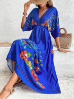 Rochie Lunga Shadia Albastra Cu Model Floral Multicolor - imagine 3