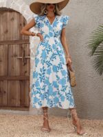 Rochie Lunga Saidi Alba Cu Model Floral Albastru