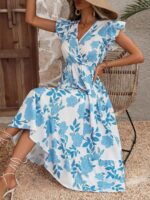 Rochie Lunga Saidi Alba Cu Model Floral Albastru - imagine 3