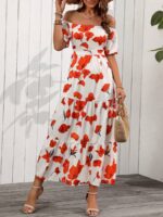 Rochie Lunga Keidi Alba Cu Model Floral Rosu