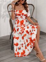 Rochie Lunga Keidi Alba Cu Model Floral Rosu - imagine 3