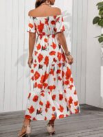 Rochie Lunga Keidi Alba Cu Model Floral Rosu - imagine 2