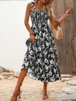 Rochie Lunga Armisa Neagra Cu Model Floral Alb - imagine 4