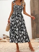 Rochie Lunga Armisa Neagra Cu Model Floral Alb - imagine 5