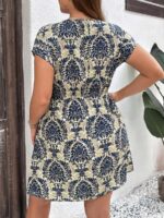 Rochie Scurta Olimpia Gri Cu Model Floral Albastru - Marimi Mari - imagine 2