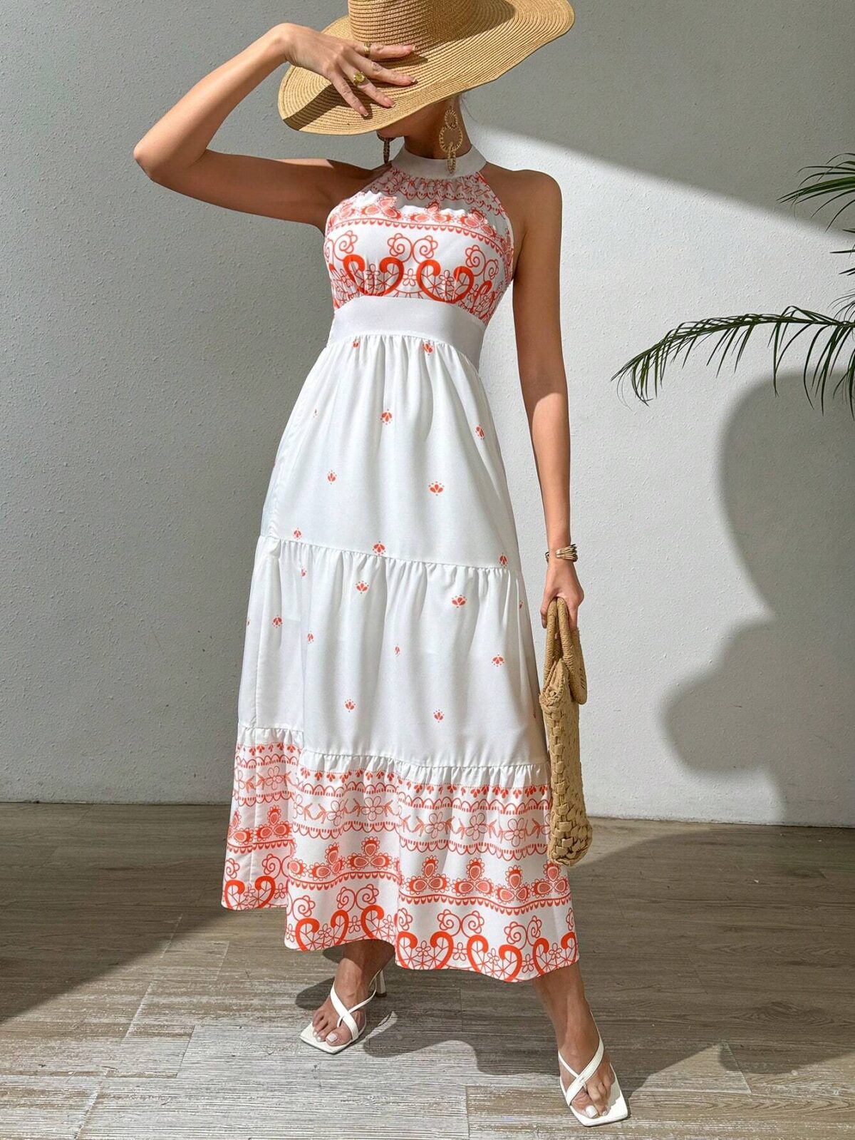Rochie Lunga Martine Alba Cu Print Portocaliu - imagine 1