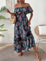 Rochie Lunga Allison Verde Cu Model Floral Roz