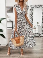 Rochie Lunga Zorana Alba Cu Print Leopard Negru Si Maro
