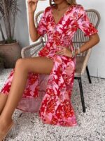 Rochie Lunga Lona Roz Cu Model Floral Rosu