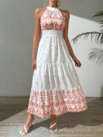 Rochie Lunga Martine Alba Cu Print Portocaliu - imagine 4