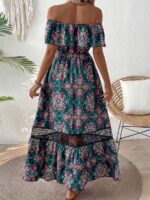 Rochie Lunga Allison Verde Cu Model Floral Roz - imagine 2