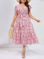 Rochie Midi Radina Alba Cu Model Floral Roz - Marimi Mari - imagine 3