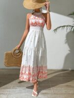 Rochie Lunga Martine Alba Cu Print Portocaliu - imagine 5