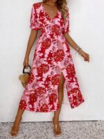 Rochie Lunga Lona Roz Cu Model Floral Rosu - imagine 3