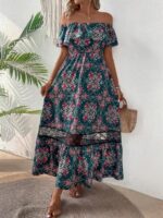 Rochie Lunga Allison Verde Cu Model Floral Roz - imagine 3