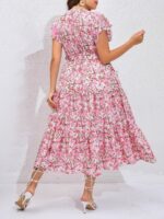 Rochie Midi Radina Alba Cu Model Floral Roz - Marimi Mari - imagine 2