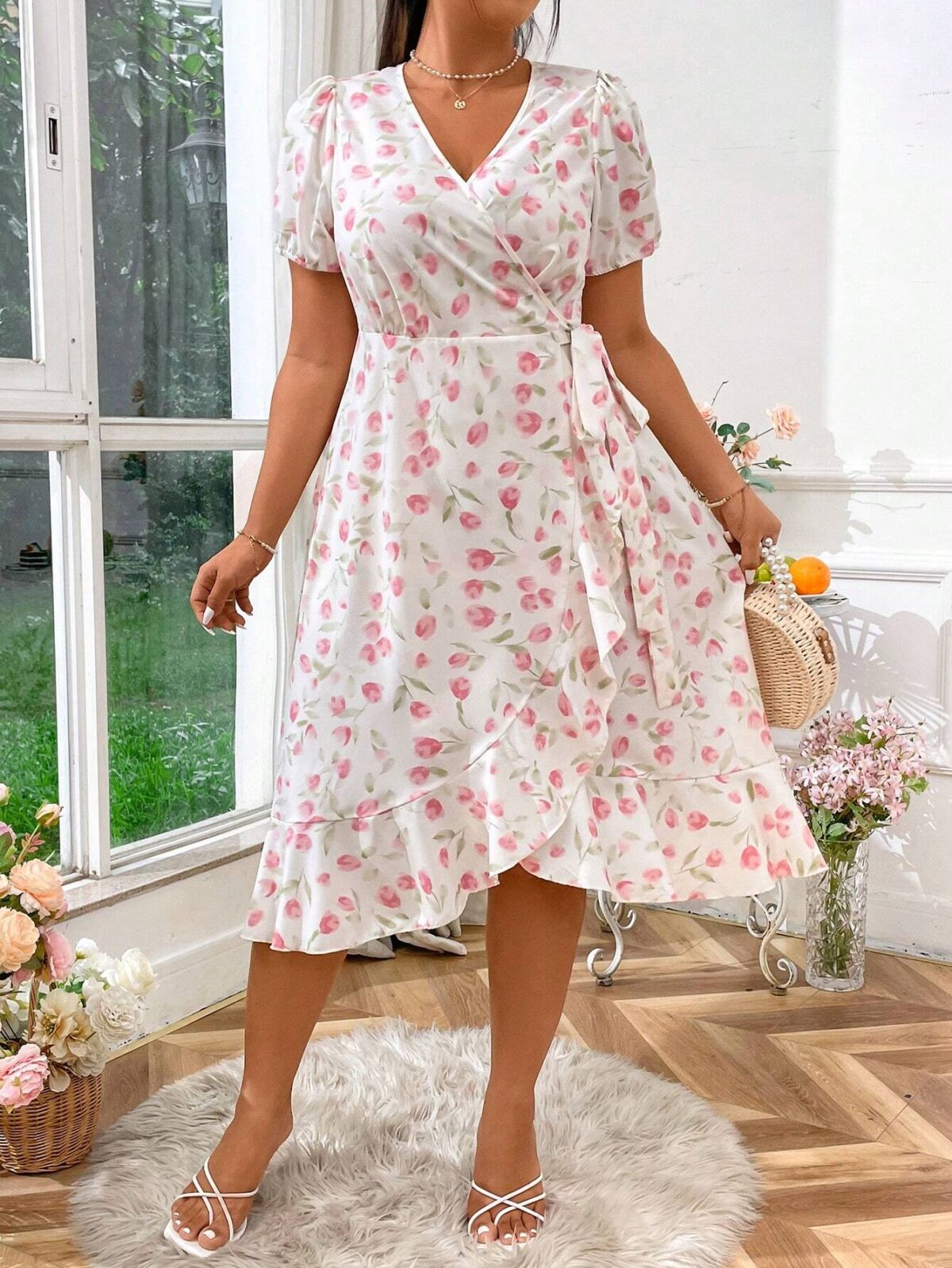 Rochie Midi Melek Alba Inflorata - Marimi Mari - imagine 1