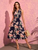 Rochie Midi Nelmi Bleumarin Cu Model Floral Roz