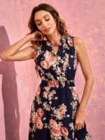 Rochie Midi Nelmi Bleumarin Cu Model Floral Roz - imagine 3